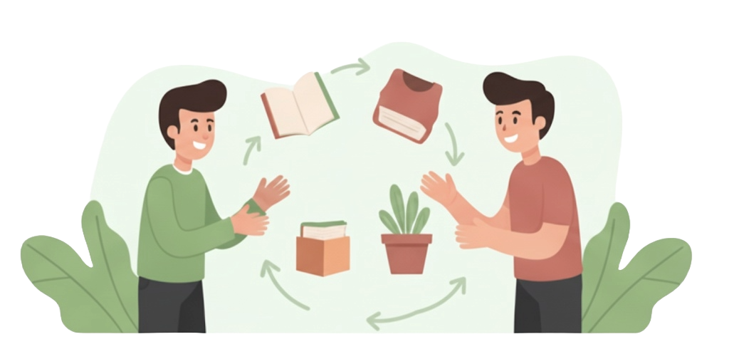 Illustration of people giving and receiving items.
